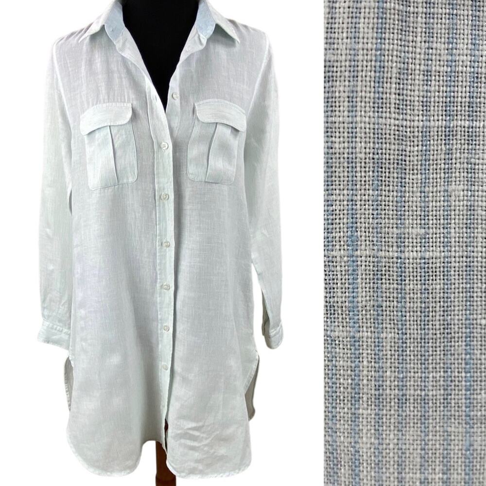 KIWI Saint-Tropez 100% Linen Long Sleeve Tunic Size M Blue White Beach Vacation
